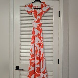 Tropical Orange & White Lightweight Short-Sleeve Open Tie Back Maxi Dress